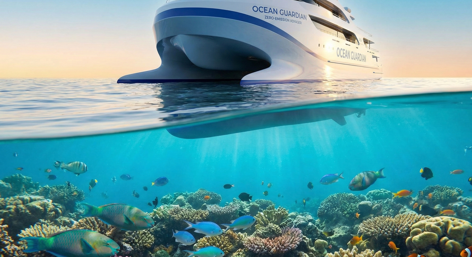 Split-view shot (above and below water). Below: a vibrant, healthy coral reef with schools of fish in crystal clear turquoise water. Above: the sleek underside of a zero-emission ship. 