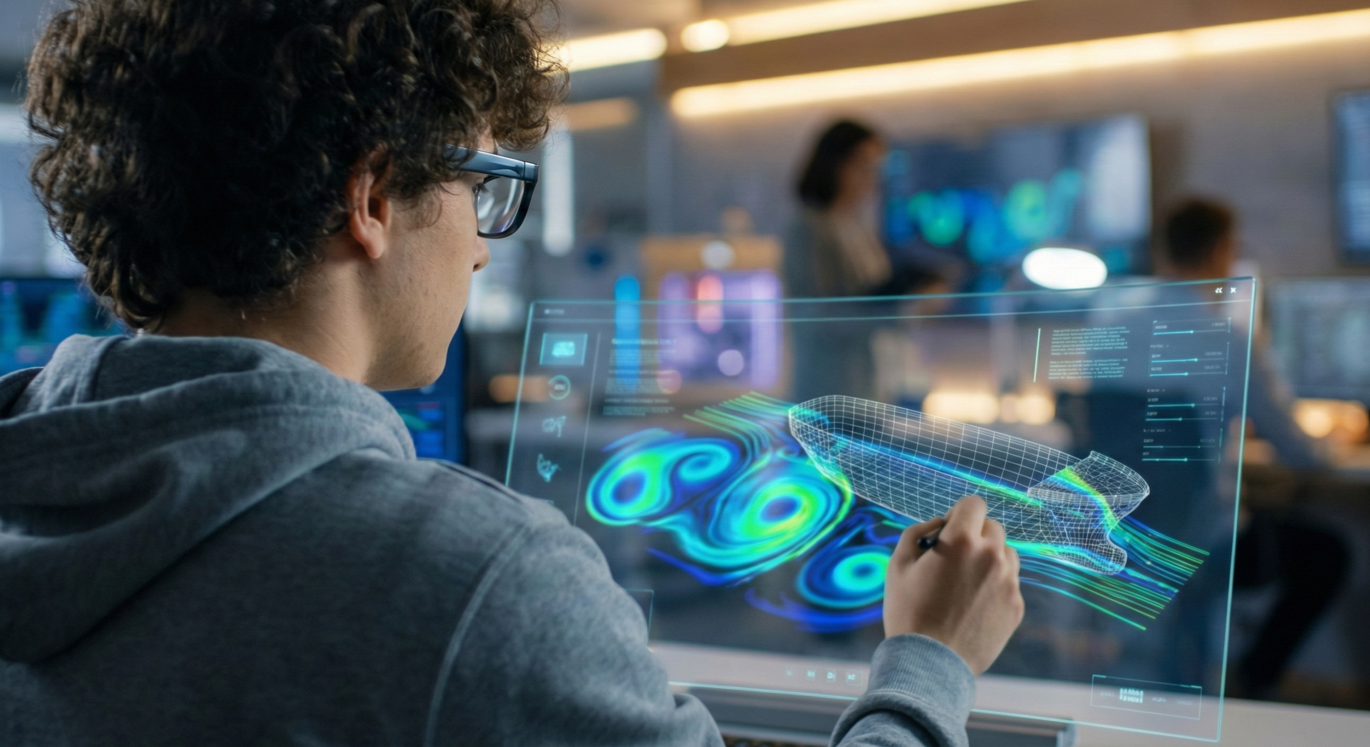 Close up, POV over the shoulder of a young engineer working on a transparent glass interface. The screen displays vibrant blue and green heat-map simulations of fluid dynamics around a ship hull.